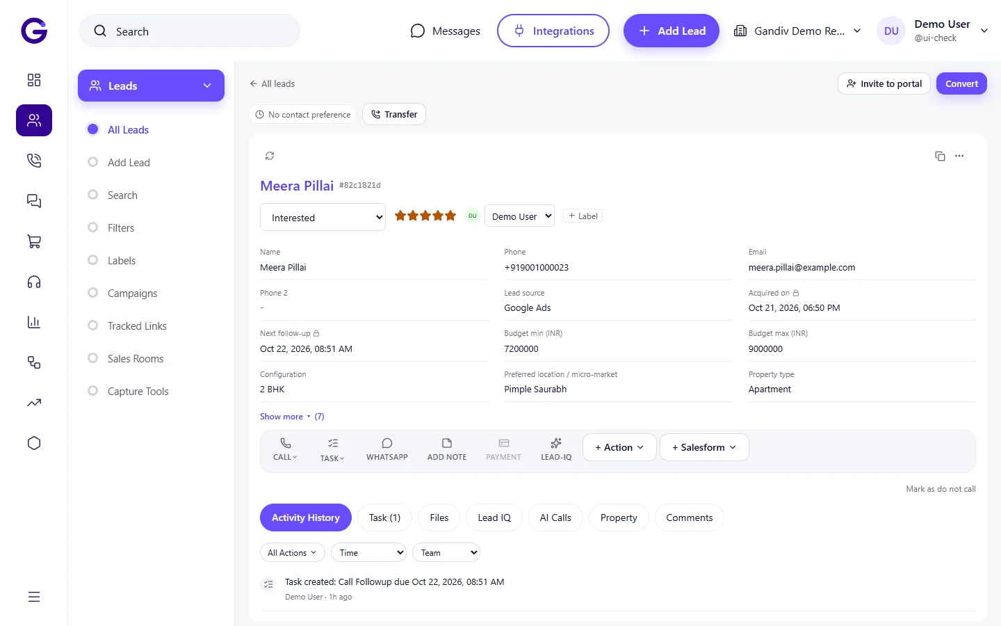 A lead record with timeline, calls and notes