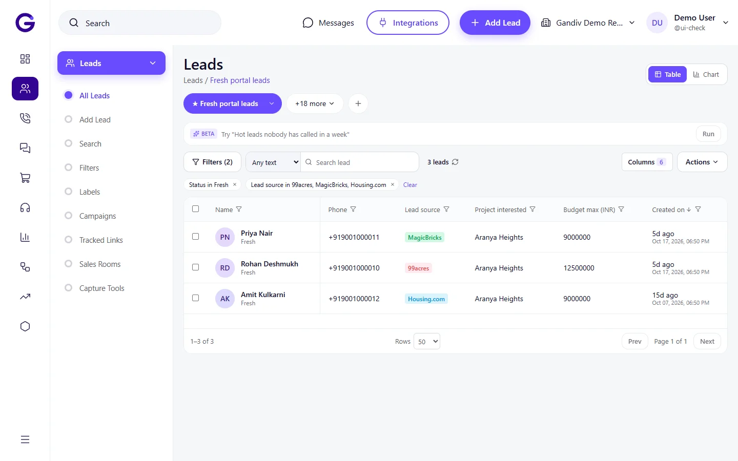 Gandiv leads list with status, source and owner columns