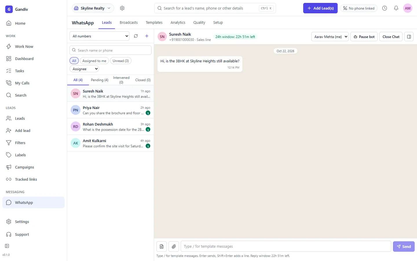 WhatsApp team inbox inside Gandiv
