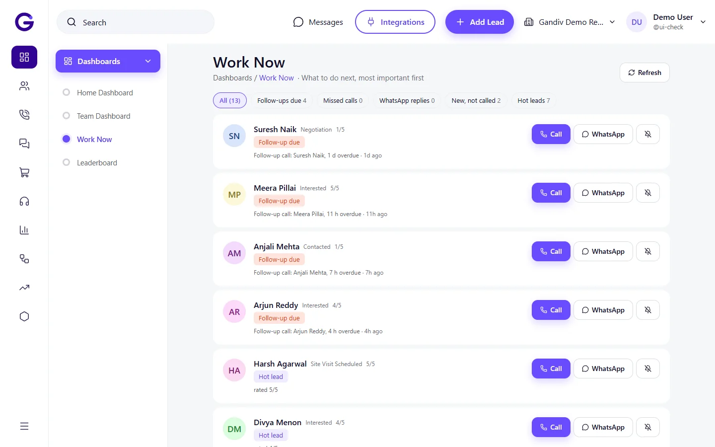 Work Now queue of leads to contact next